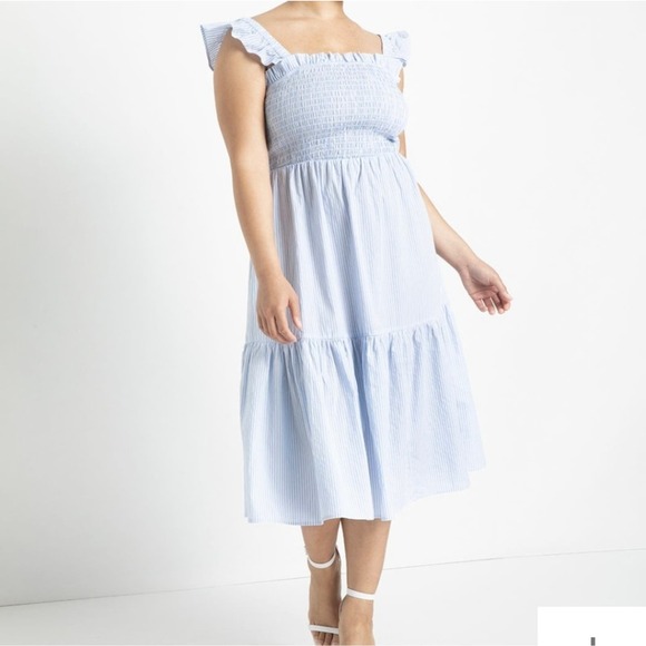 Eloquii Smocked Bodice Ruffle Day Dress Blue Size 14/16 - Picture 8 of 8